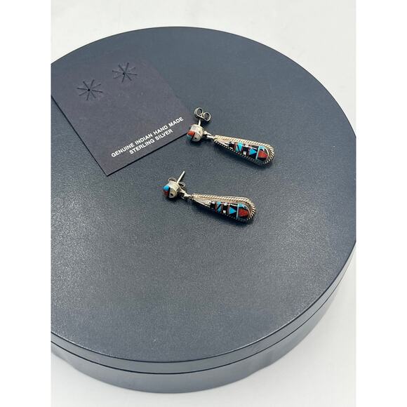 Vintage Zuni Sterling  Multi-Stone Inlay Dangle Earrings Turquoise Coral New - Picture 5 of 10
